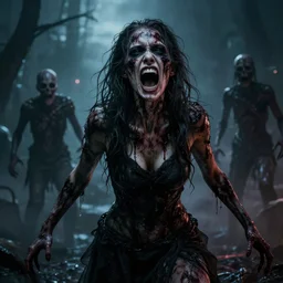 epic portrait cinematic shot an female covered in black substance screaming in agony and becoming a zombie, apocalyptic backround, creepy, scary, fine details. night setting. realistic shaded lighting poster by craig mullism, artgerm, jeremy lipkin and michael garmash, unreal engine, radiant light, detailed and intricate environment, digital art, trending on art station,