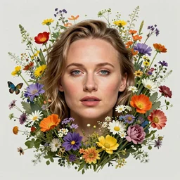 a head and shoulders portrait of alicia vikander surrounded by an explosion of wild flowers, by joshua middleton, by alphonse mucha, by edgar maxence, by gustav klimt, by wes anderson, by edward hopper, by wayne barlowe, by james gilleard, intricat, detailed