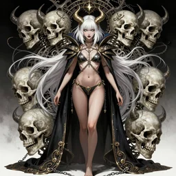 gorgeous!! woman as a chained demoness sorcerer empress wearing a bikini, d & d, morrigan aensland, short white hair + long bangs, skulls, lightning eyes, ornate | art by jack kirby + akira toriyama + katsuhiro otomo + hirohiko araki | intricate, highly detailed, digital painting, smooth, sharp focus, hyper - realistic, symmetrical, full body, illustration, character design, concept art