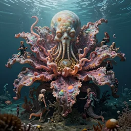 grotesque flower made from underwater cthulhu, by rutkowski and giuseppe arcimboldo, james jean and erik jones and rhads, ultradetailed, photorealistic details, full frame, colossal scale, trending artstation