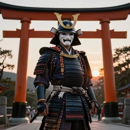 a godlike and indomitable masked and helmeted samurai standing before a Torii gate with pride, the rising sun in the background. Photo realistic. Award winning