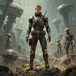 single attractive male on an alien world, colonisation, artstyle greg rutkowski, model pose, full frame, very intricate details, high resolution, 8 k, award winning
