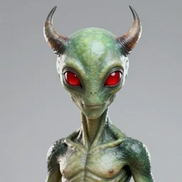 realistic alien, medium shot portrait, devil horns,,!!!!! human eyes!!!!!!, green body. red eyes, background flames