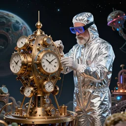 A mad scientist creating an intricate and mechanically complex time machine with clocks while on an alien planet, wearing an aluminum onesie and smartglasses