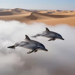 dolphins swimming through the clouds, over a desert, stunning photograph