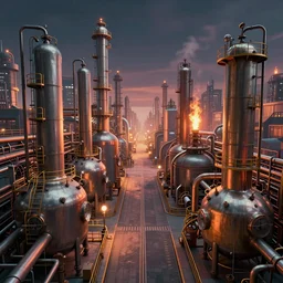 immaculate wide shot ambient occlusion of an retrofuturistic industrial brewery complex, cycles render, turbosquid, wide, isometric metropolis filmic, fermentation vessels, vaporwave, edward hopper, gotham, vanishing point, leading lines, wizard of oz, refinery flames