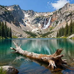 mountain lake in sierra nevada, mountain with a waterfall in the background, water in the lake, old fallen tree half - submerged into the lake, illustration, epic, fantasy, intricate, hyper detailed, artstation, concept art, smooth, sharp focus, ray tracing, vibrant, photorealistic, jessica rossier, albert bierstadt