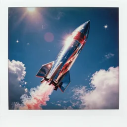 analog polaroid portrait of a chrome missile, smoketrail, Hajime Sorayama, sheen, red reflections, unreal engine, azure sky, big clouds visible, sunlight, reflection, sparkles, space, stars, nebula, lensflare, film grain, depth of field, color bleed