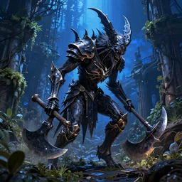 post - gothic giant creepy banshee, exoskeleton armor, attacking with axe, dystopian ruins covered in vegetation, highly detailed smooth digital art masterpiece, vitaly bulgarov giger dramatic dark blue light, ground angle hd 8 k, sharp focus