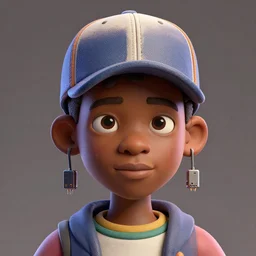 colourful caricature - 3 d vfx art - portrait of a nigerian boy wearing a baseball cap with wires and computer chips dangling from inside, art style by james jean & hsiao - ron cheng, character concept art, unreal engine render, digital illustration, claymation style, sharp, intricate detail, volumetric light, ray tracing, soft light, symmetric, pinterest, artstation, behance,