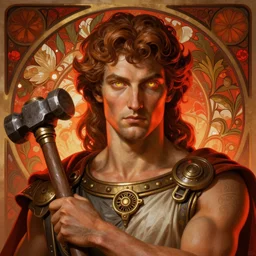 the greek god hephaestus, brown hair, holding hammer, facing forward, steampunk, portrait, beautiful glowing eyes, volumetric lights, red and orange theme, art nouveau botanicals, intricate, highly detailed, digital painting, artstation, concept art, smooth, sharp focus, cinematic, illustration, beautiful face, art by artgerm and greg rutkowski and alphonse mucha