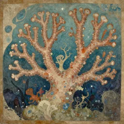 glimmering sparkles undersea, stylistic interpretation of avant garde coral, organic abstract illustration aged fresco, 1811, decadent french art nouveau collage