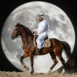 an arab man riding a horse on the moon