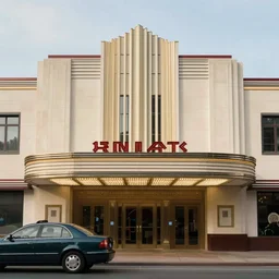 an Art Deco theater facade in 1922 with a car parked outside