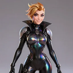 full body digital artwork of tracer overwatch, wearing black iridescent rainbow latex, 4 k, expressive happy smug expression, makeup, in style of mark arian, wearing detailed black leather collar, wearing sleek armor, black leather harness, detailed face and eyes,