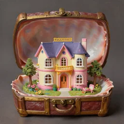 a vintage polly pocket house in a chest in the shape of a shell, hyperrealistic, highly detailed, cinematic, studio lighting, pareidolia, beautiful, cgssociety, artstation, 8 k, oil painting, digital art