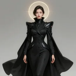 detailed portrait of beautiful lady in black coat, seductive confident pose, attractive feminine curves, intricate, futuristic, elegant cape, elegant, photorealism, trending on artstation, holy halo, advanced technology, art by moebius and vitaly bulgarov and jae lee