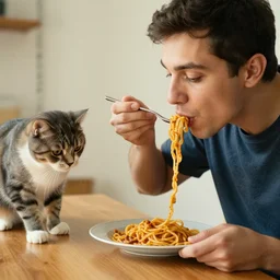 a man eating spaghetti with a cat next to him