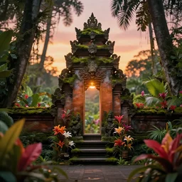 a jungle temple surrounded by moss and tropical flowers, with a sunset, by alex horley, bokeh photography, amaranth colour
