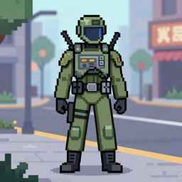 sci - fi soldier on the street, pixel art
