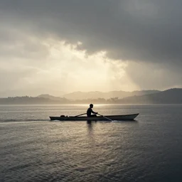 wide angle, far view, light coming of a silhouette of a man that is rowing a little boat while its raining, digital art, but as a realistic photo