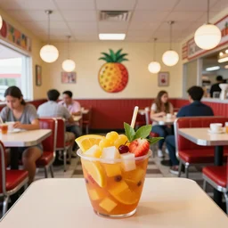 1 9 8 5 tropical fruit themed classic american diner, people sitting at tables, fruitcore, one point perspective, americana, restaurant interior photography, 5 5 mm