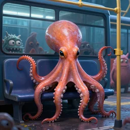 a strange bird octopus chimera creature waiting for the bus with other monsters, in the style of shaun tan and sam shearon, glossy, beautiful, dramatic lighting, high contrast, 8 k octane render