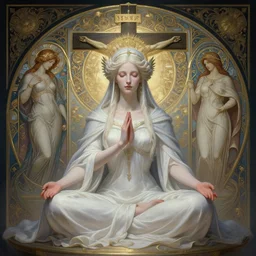a full body portrait of a beautiful ethereal delicate mage queen meditative sacral pose catholic stages of the cross, intricate, elegant, highly detailed, digital painting, artstation, concept art, smooth, sharp focus, illustration, art by krenz cushart and artem demura and alphonse mucha