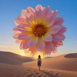 closeup giant dahlia flower as head, a girl walking between dunes, surreal photography, sunrise, blue sky, dramatic light, impressionist painting, digital painting, artstation, simon stalenhag