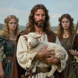 a detailed fantasy character painting of Kurt Russell holding a lamb, dressed like Jesus Christ, by lauri blank, artgerm, evelyn de morgan, 8K, 50mm lens