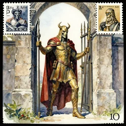 Roguish Picaro Dsurion stands at the gates of Hades Hand Crafted By Rodin. Painting by greg rutkowski Donato Giancola Jeff Simpson norman rockwell stamp watercolor