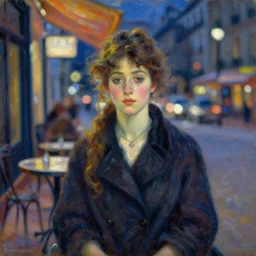 an impressionist portrait painting of a beautiful young woman by frank weston benson, paris cafe at night with city lights bokeh background,!!! shallow depth of field!!!, canon 5 0 mm!! tilt - shift!! lens f 1. 2