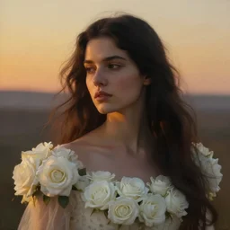 oil painting close up portrait of a contemplative young norwegian woman with very long dark flowing hair in a dress made of white roses!! at sunset, hazy, digital art, chiaroscuro, artstation, cinematic, golden hour, digital art painting by greg rutkowski, william - adolphe bouguereau, hazy atmosphere, cinematic lighting