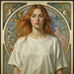 an art nouveau painting of a girl resembling alicia vikander or millie bobby brown in an oversize t - shirt, highly detailed, intricate, artstation, by donato giancola and william adolphe bouguereau