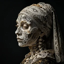 a woman's face in profile, made of intricate decorative lace skeleton, in the style of the dutch masters and gregory crewdson, dark and moody