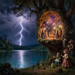 closeup of a night carnival around a magical in a summer storm, tree cavity with a music scenario with many fireworks and christmas lights, next to a lake with iridiscent lake water, volumetric lightning, god rays in the sky, folklore people disguised with fantastic creatures in a magical forest by summer night, masterpiece painted by canaletto, scene by dark night environment, refraction lights,