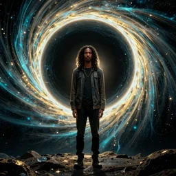 a black man with long curly hair standing in front of a black hole horizon, time collapsing. neofuturistic highly detailed, digital concept art, Dimensional cyan gold natural light, sharp focus, Golden Ratio illustration, realistic concept art by Stephen Hickman and James Gurney and Hiromasa Ogura Ghost in the Shell rendered in Octane Render, From the distance