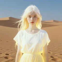 full figure young girl, luminous scene, by greg rutkowski and alphonse mucha, d & d character, gradient white to gold, in front of a dune desert background, highly detailed portrait, digital painting, artstation, concept art, smooth, sharp focus illustration, artstation hq