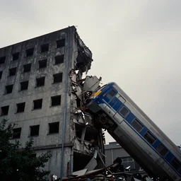a train crashing into a brutalist building, film photo, moody lighting, depressing gradient