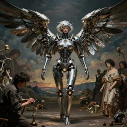 still frame from Prometheus movie by Makoto Aida, assembly of mechanical angel gynoid by Malczewski metal couture by Guo pei by neri oxmn painted by Caravaggio and by Hisashi Tenmyouya by Fuyuko Matsui by Makoto Aida by Yasunari Ikenaga by Takato Yamamoto