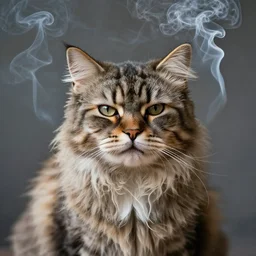 photographic portrait of a wrinkly sad max ernst fluffy cat editorial spiraling cigarette smoke