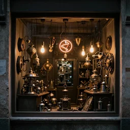 steampunk shop window by guido borelli da caluso, darkness, neon lights, photo realistic, completely filled with interesting oddities, things hanging from ceiling, light bulbs, cinematic