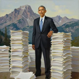 obama standing next to a mountain of papers, oil on canvas, intricate, portrait, 8 k highly professionally detailed, hdr, cgsociety