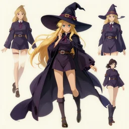 character sheet of attractive female student witch, magic school uniform, blonde hair, by greg rutkowski and studio ghibli, digital art, trending on artstation, highly detailed, concept art, beautiful, masterpiece