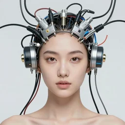 very beautiful woman integrating with technology, full face frontal centered, portrait, insipiring, detailed intricate ornate cables connected to head, big open electric eyes, luxurious detailed abundent wiring and implants, diamonds, ruby, sci - fi, neon, emeralds, detailed technology background with cyber flowers and insects, highly detailed, artstation, 8 k, in the style of laurie greasley