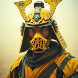 photograph old samurai hero, cyberpunk, vibrant yellow colors, surreal, french baroque style by alexander mcqueen, hyper detailed, realistic cinematic, voigtlander photography portrait, painting, fog, in background from star wars movie desert