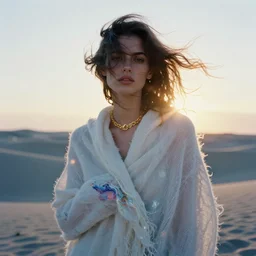 filmstill photography of female body covered with curly white translucent blanket blowing in wind, acrylic liquid colors, luxurious supermodel photoshooting, golden jewelry, bokeh, godrays, strong wind, wrinkles, sunrays, sunset, lens flares, monet, renoir, cold colors, sand dunes