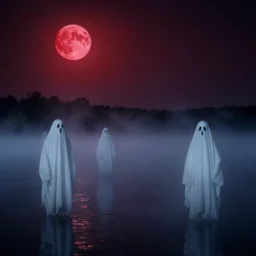 ghosts on the middle of lake, fog, red moon, night sky, stars, by stanley kubrick