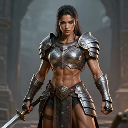 a muscular fantasy warrior woman wearing armour