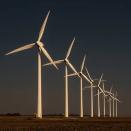 A row of giant windmills in a field at night, octane render, volumetric lighting, 4K